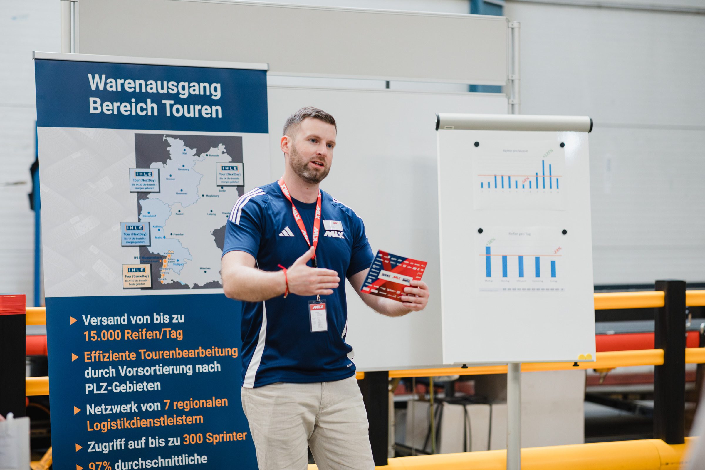 Mann im Tagungsshirt erklärt vor einer Infotafel zum Warenausgang, daneben ein Flipchart mit Diagrammen