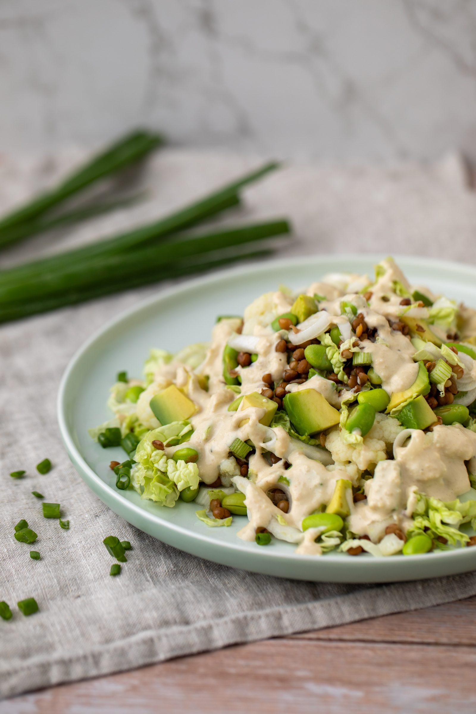Edamame-Avocado-Salat mit cremigem Dressing und Frühlingszwiebeln auf einem mintgrünen Teller, Rezeptfoto für ein GU-Kochbuch