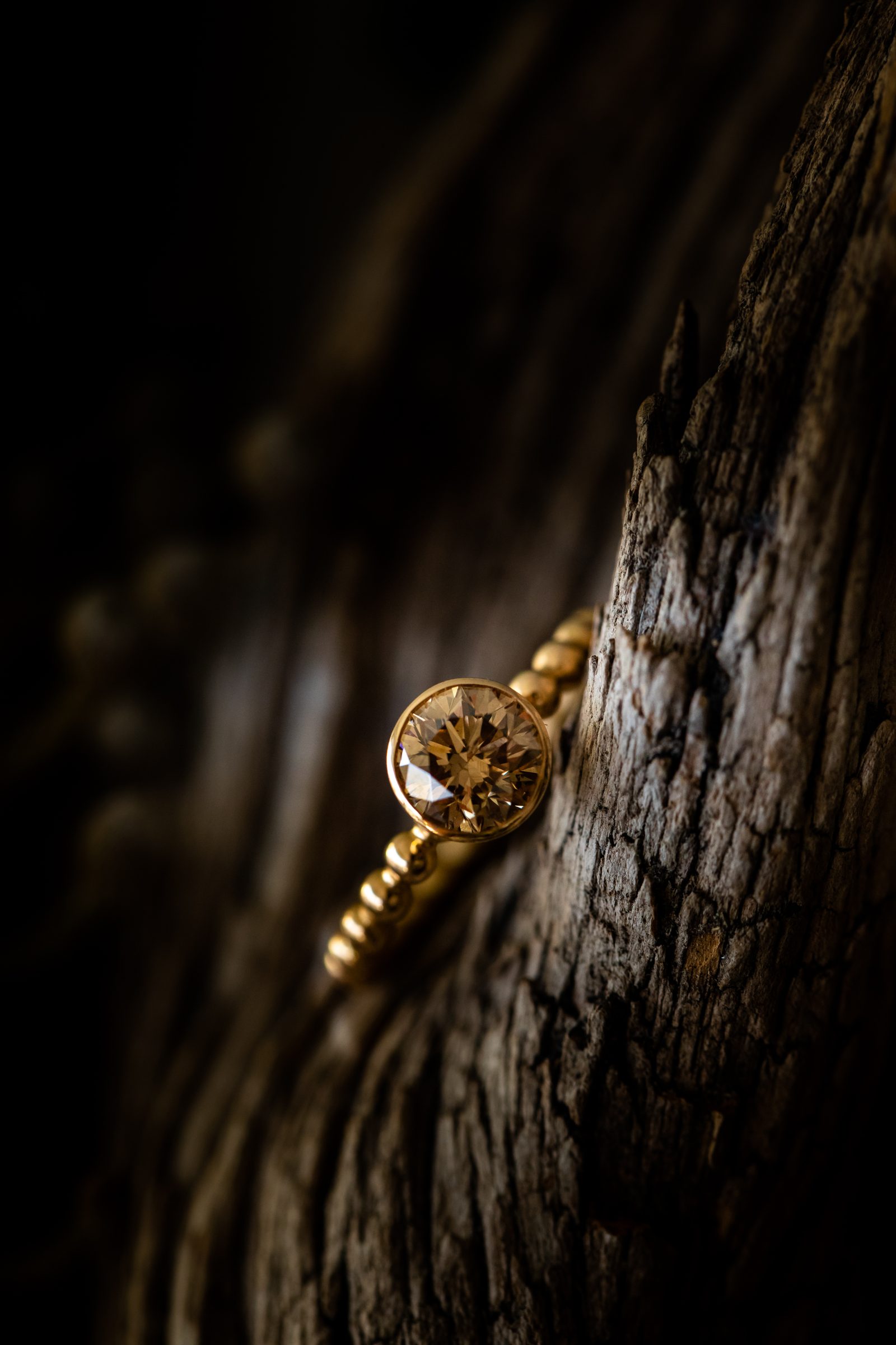 Goldring mit einem cognacfarbenen Diamanten an verwittertem Holz vor dunklem Hintergrund, Schmuck von Marion Knorr