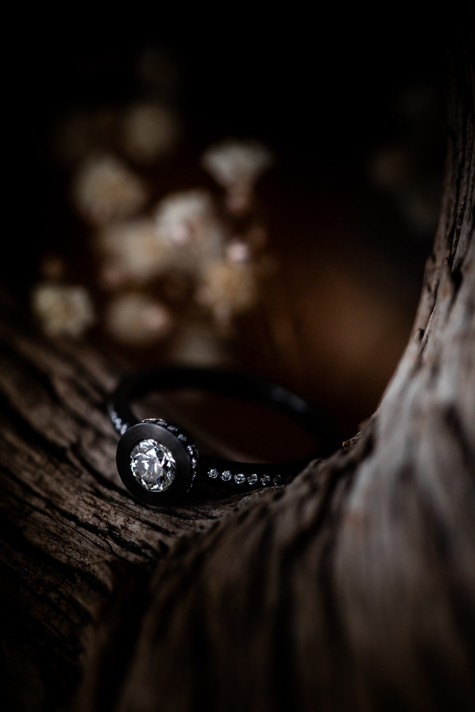 Schwarzer Ring mit einem gefassten Diamanten und kleinen Steinen in einer Mulde aus Holz, dahinter unscharfe Blüten, Schmuck von Marion Knorr