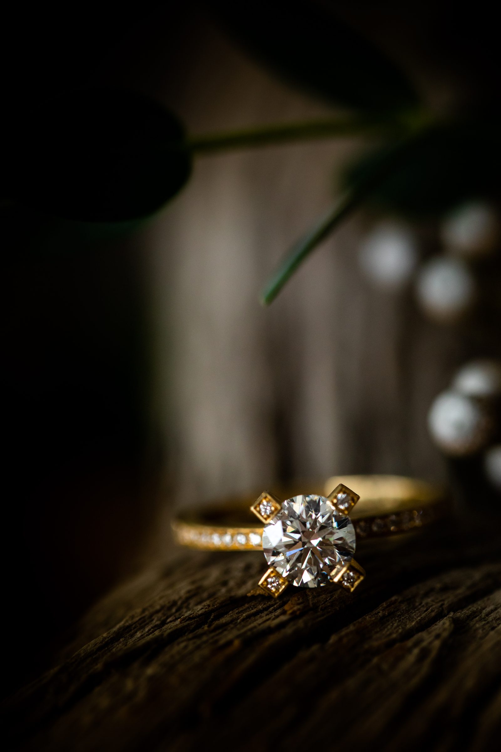 Goldring mit Diamant in Krappenfassung auf einem Stück Holz, dahinter unscharfe Perlen und Zweige, Schmuck von Marion Knorr