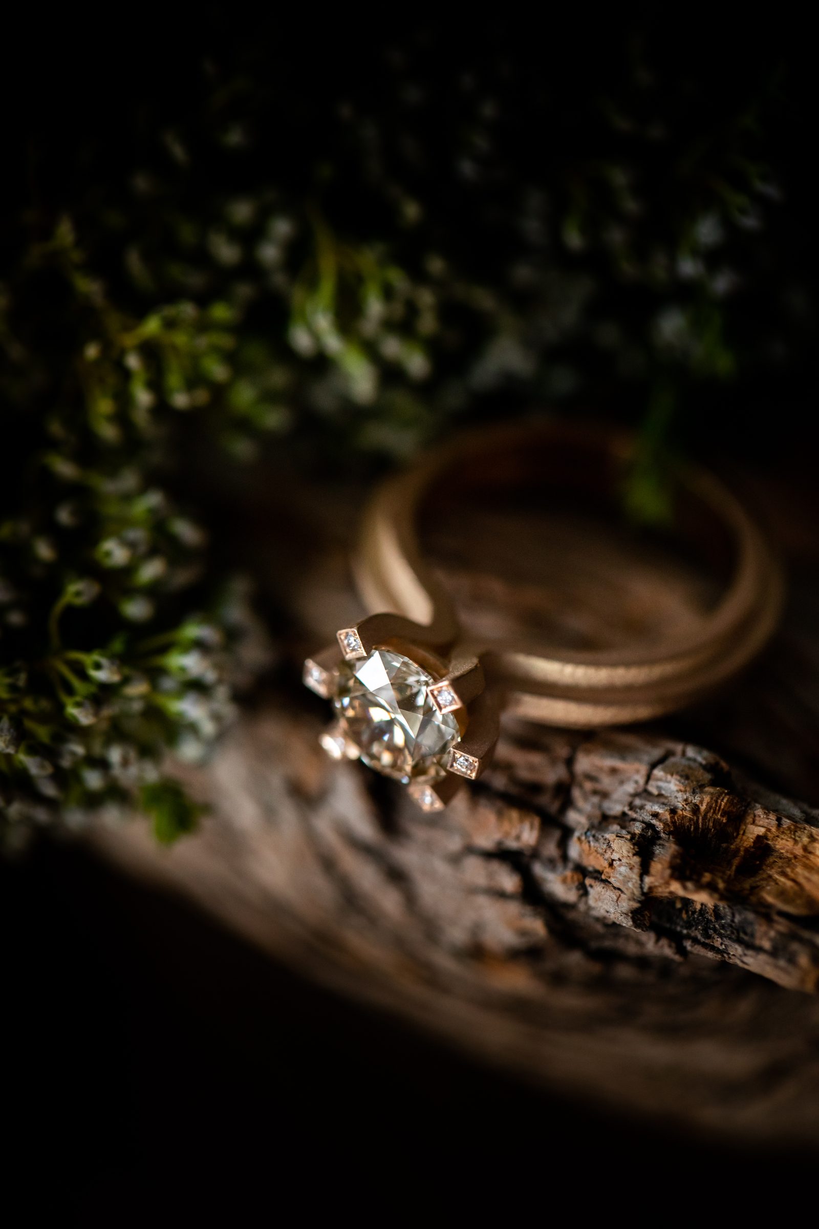 Ring mit großem Diamanten vor einem breiten Goldring auf Holz zwischen Moos, Schmuck von Marion Knorr