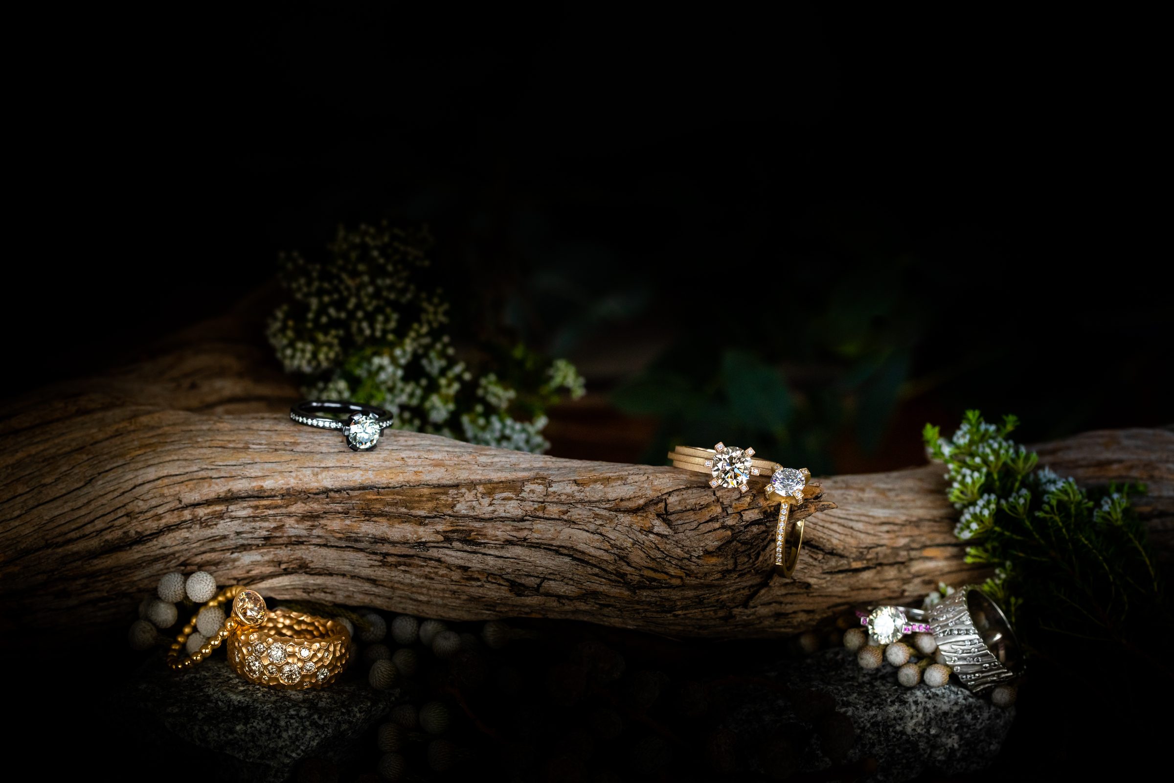 Verschiedene Ringe auf einem Stück Treibholz und auf Steinen, dazwischen Blüten und Zweige, vor dunklem Hintergrund, Schmuck von Marion Knorr